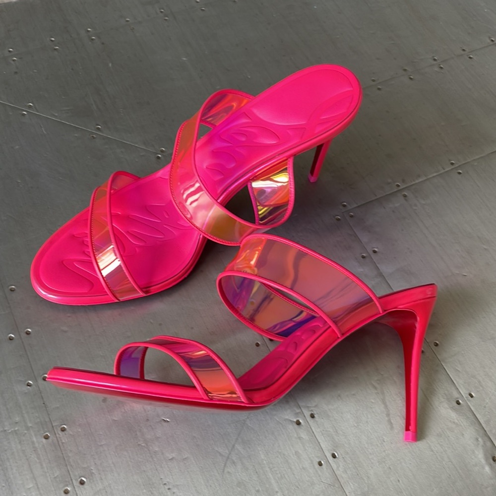 Christian Louboutin just loubi 85mm pink fluo neon pvc sandal stiletto sz 38.5 - Picture 5 of 11